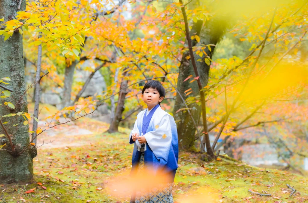 紅葉の中の男の子